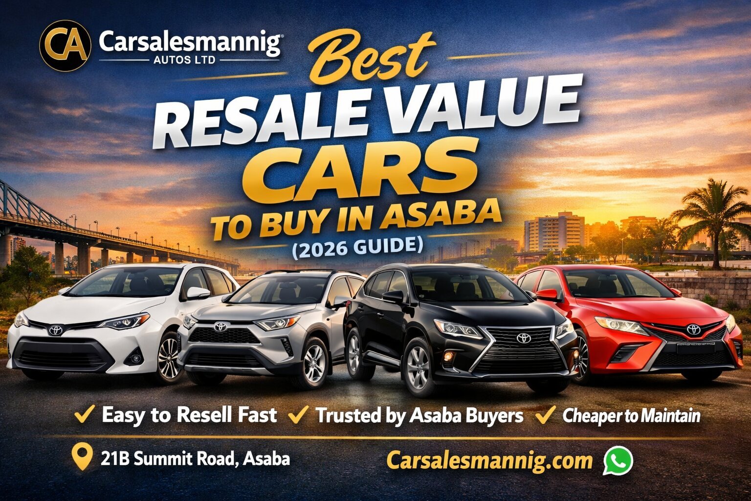 Best resale value cars to buy in Asaba 2026 including Toyota Corolla, Camry, RAV4, Lexus RX 350, Venza, Civic and Accord